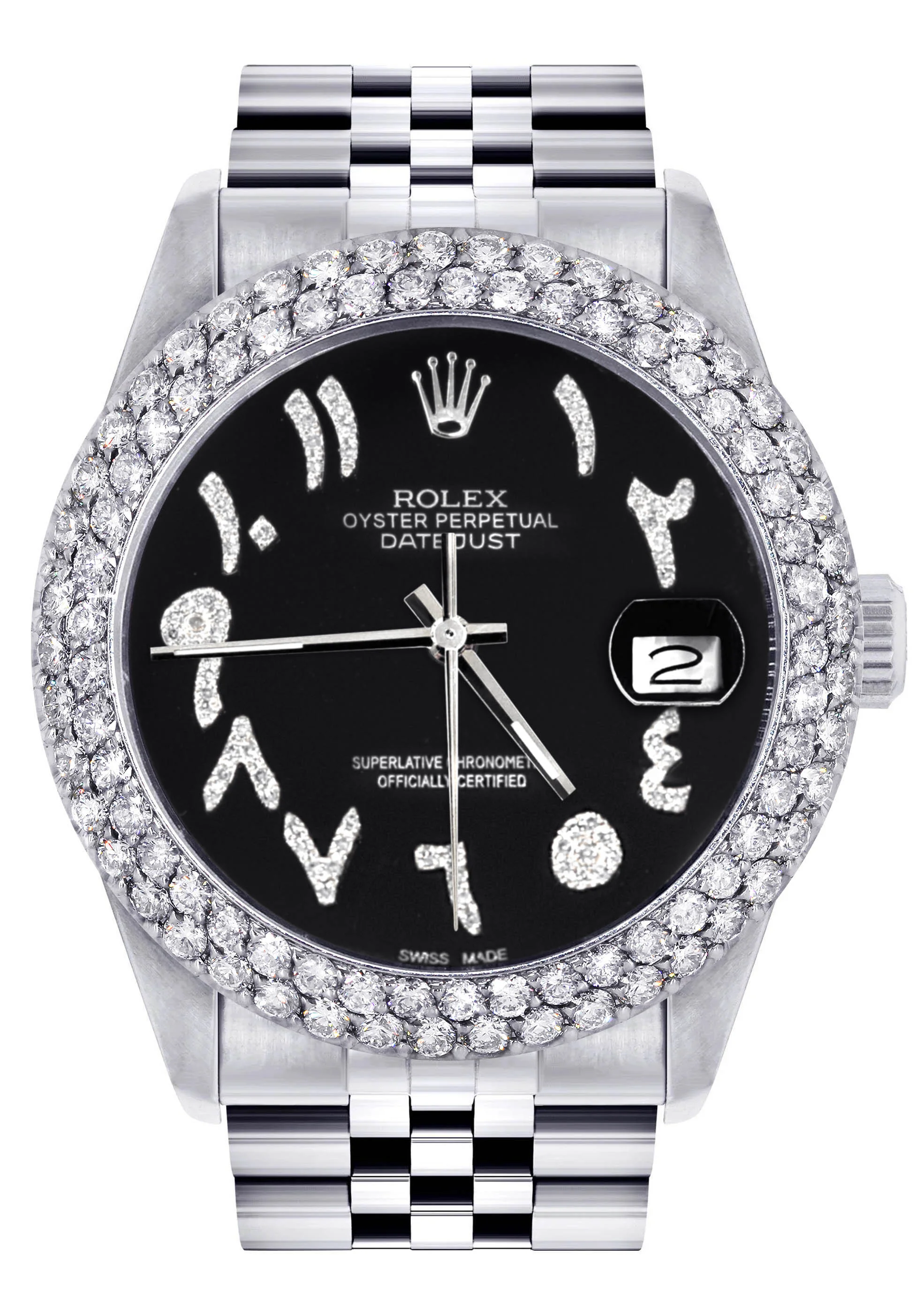Womens Rolex Datejust Watch 16200 | 36Mm | Black Arabic Diamond Dial | Two Row 4.25 Carat Bezel | Jubilee Band
