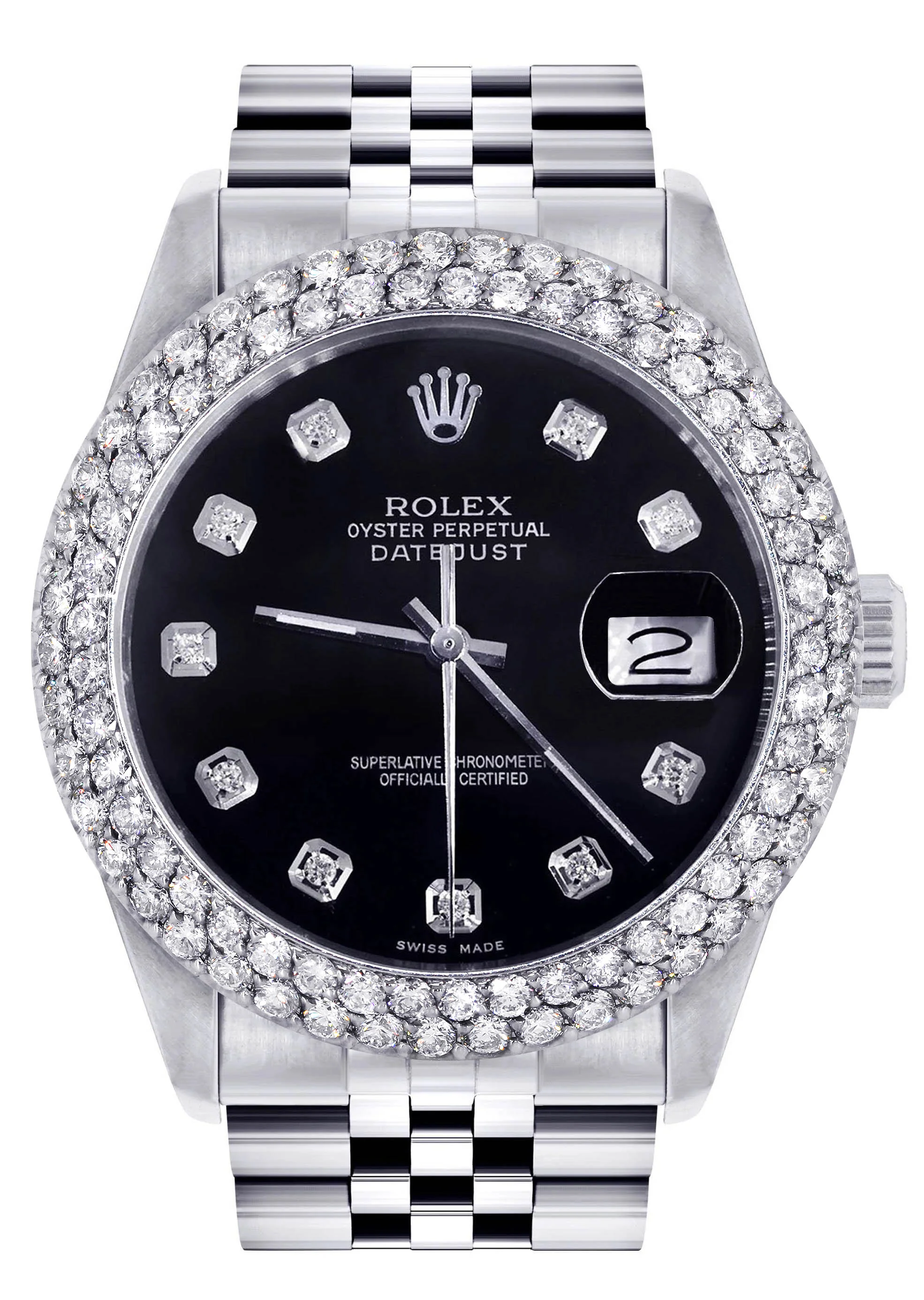 Womens Rolex Datejust Watch 16200 | 36Mm | Black Dial | Two Row 4.25 Carat Bezel | Jubilee Band