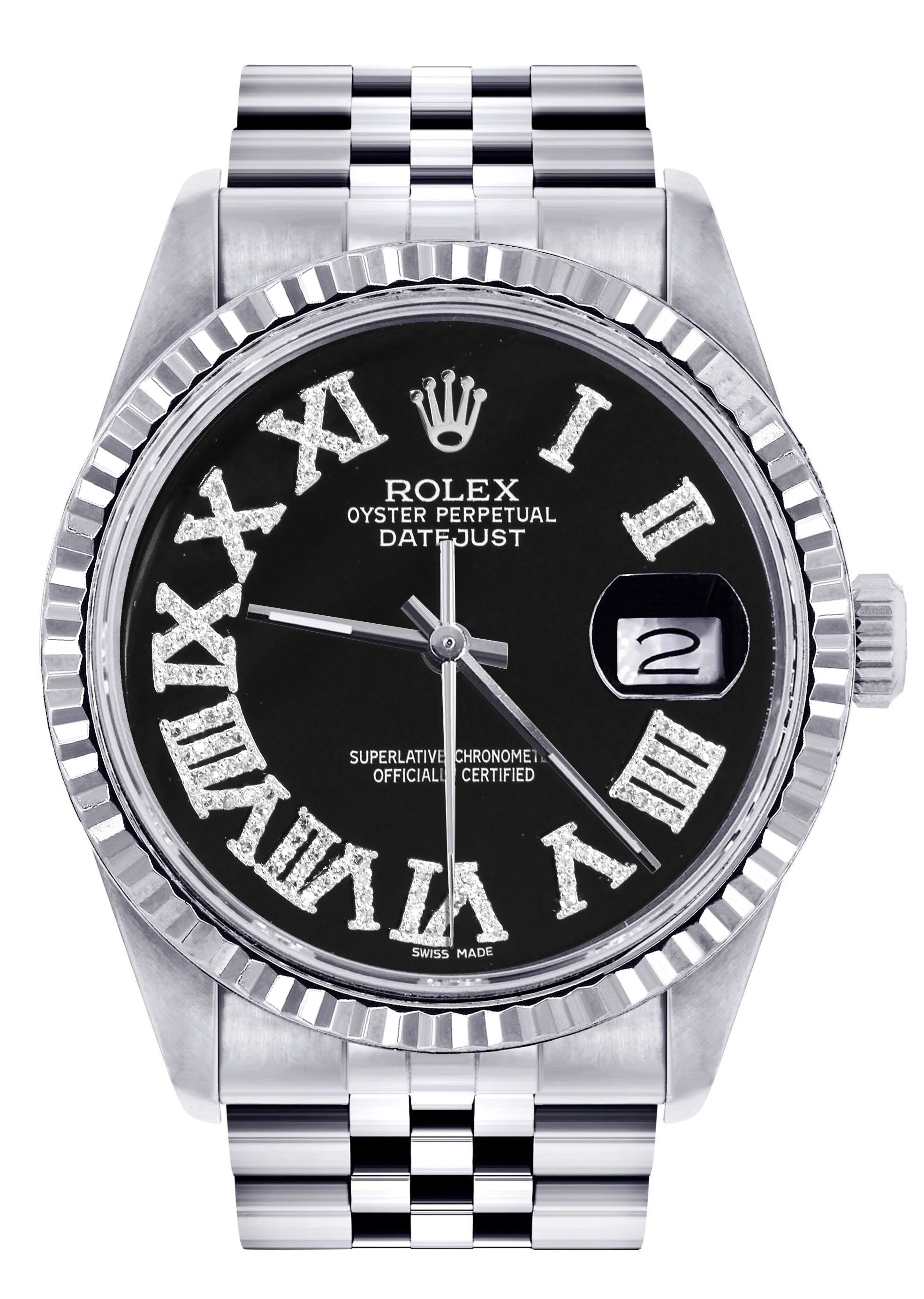 Womens Rolex Datejust Watch 16200 | Fluted Bezel | 36Mm | Black Roman Numeral Dial | Fluted Bezel | Jubilee Band