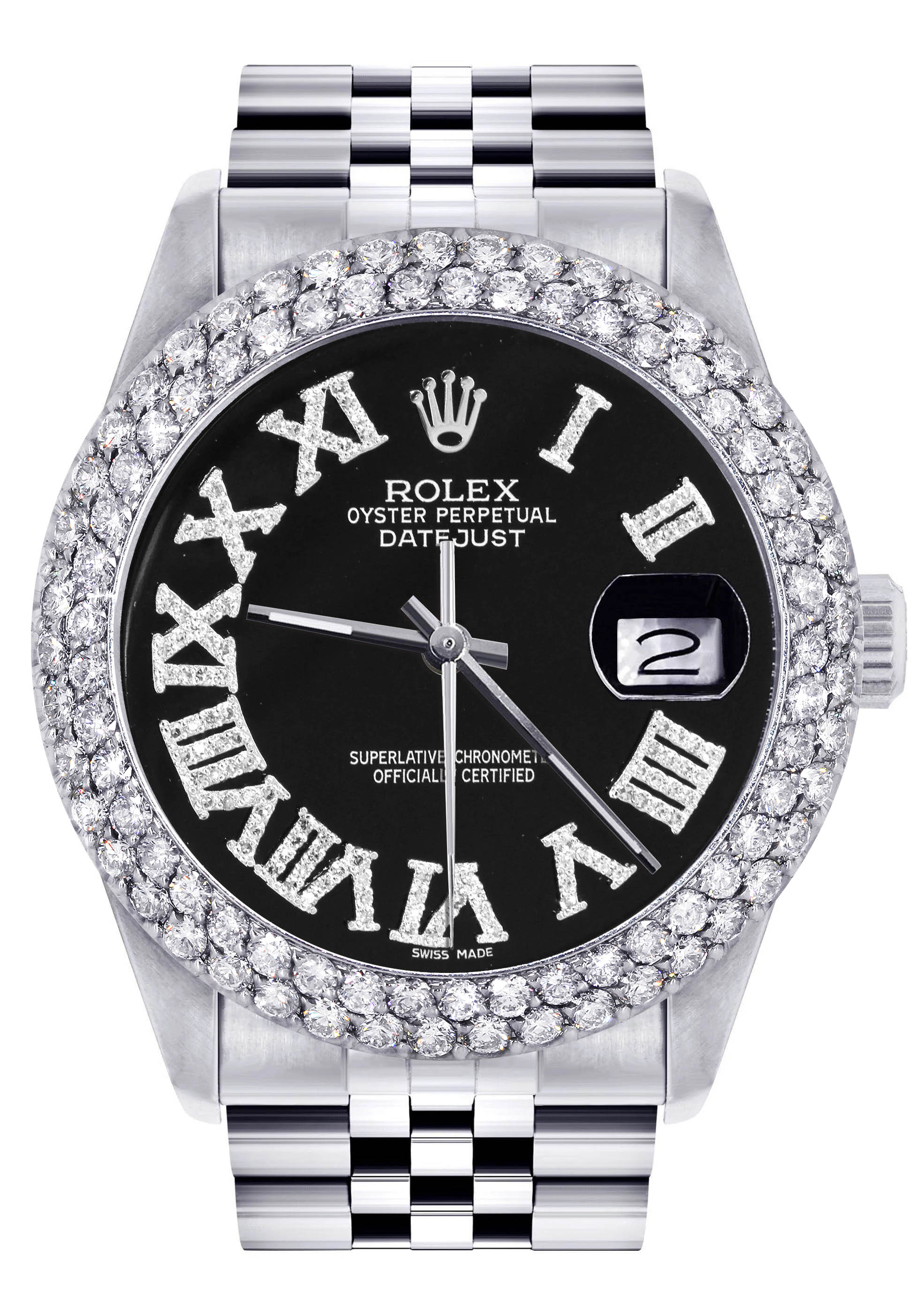 Womens Rolex Datejust Watch 16200 | 36Mm | Black Roman Numeral Dial | Two Row 4.25 Carat Bezel | Jubilee Band