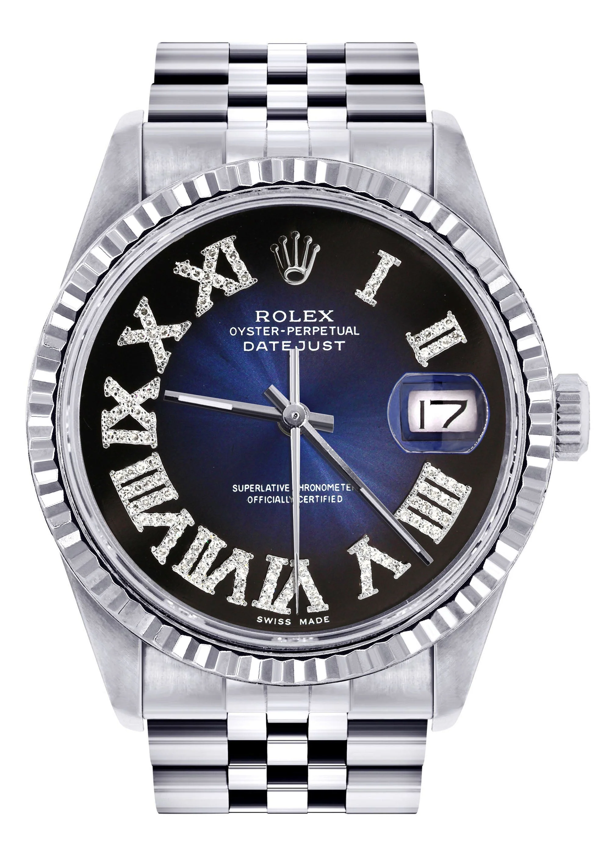 Womens Rolex Datejust Watch 16200 | Fluted Bezel | 36Mm | Blue Black Roman Numeral Dial | Fluted Bezel | Jubilee Band