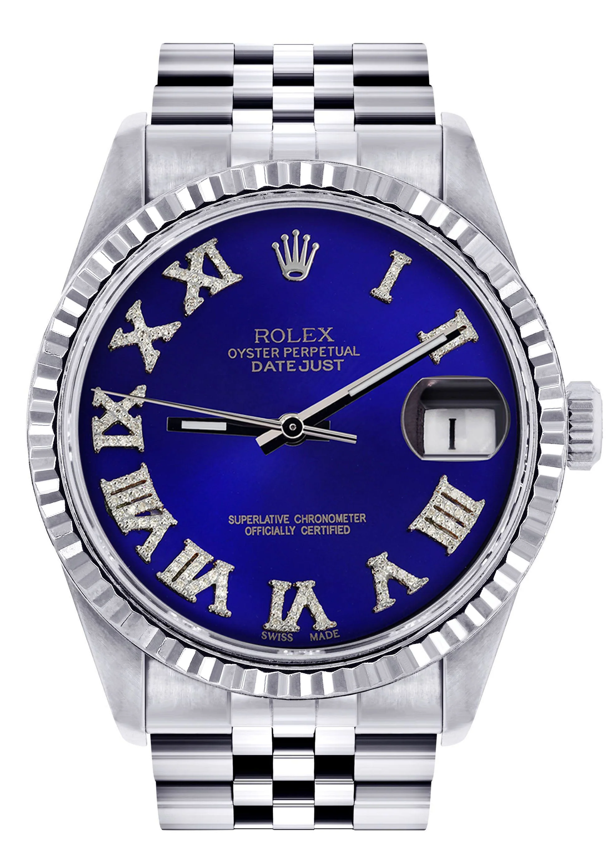 Womens Rolex Datejust Watch 16200 | Fluted Bezel | 36Mm | Blue Roman Numeral Dial | Fluted Bezel | Jubilee Band