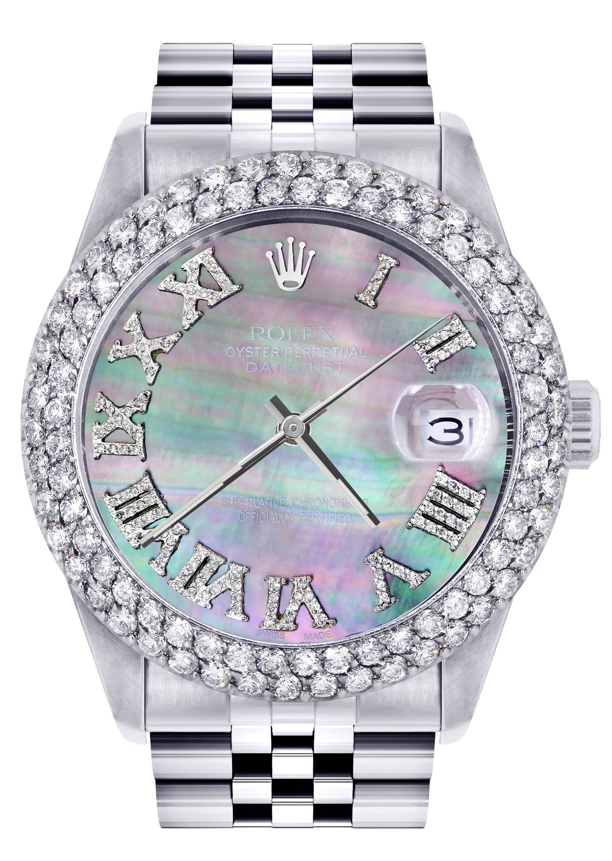 Womens Rolex Datejust Watch 16200 | 36Mm | Dark Mother of Pearl Roman Numeral Dial | Two Row 4.25 Carat Bezel | Jubilee Band
