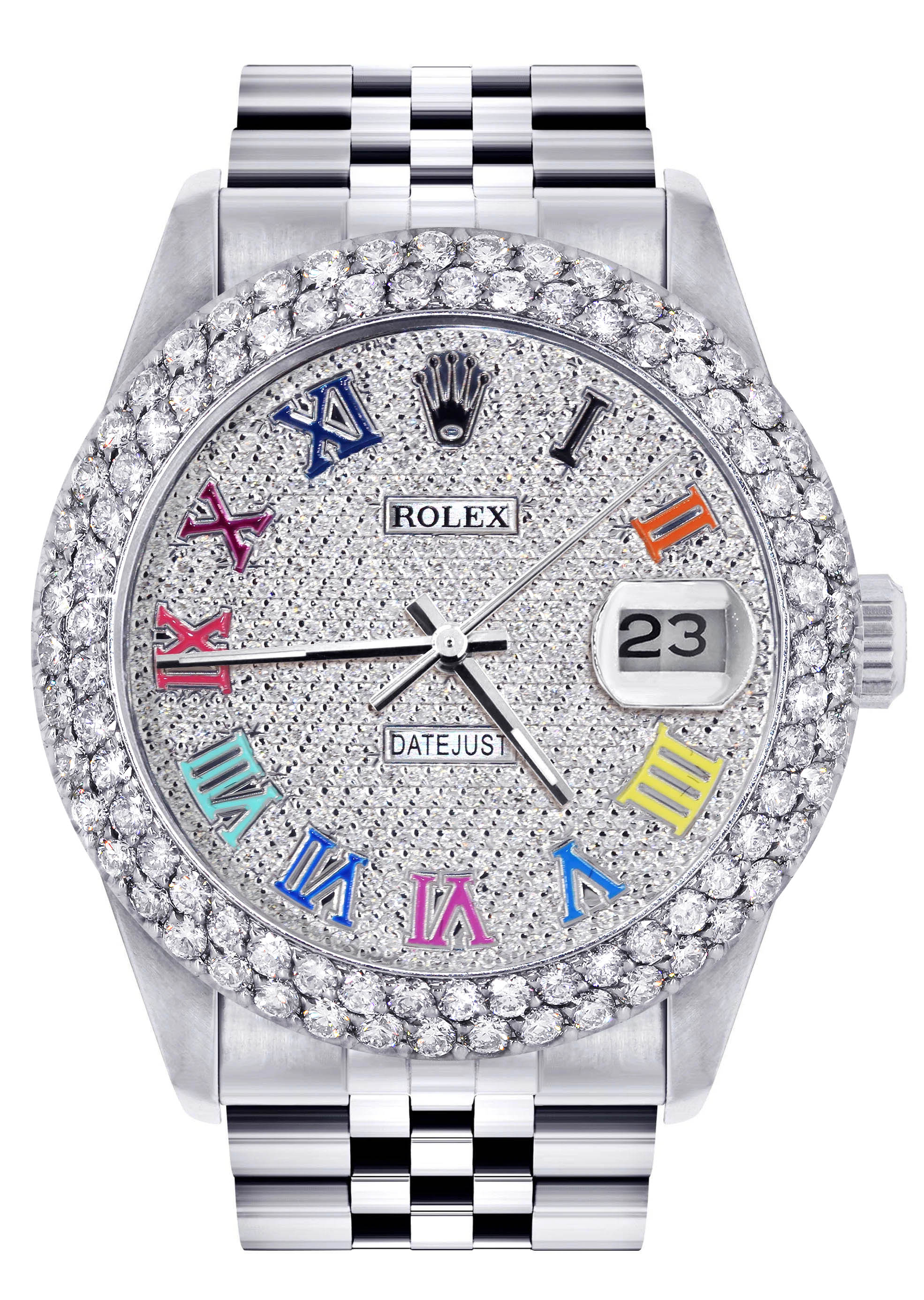 Womens Rolex Datejust Watch 16200 | 36Mm | Full Diamond Color Roman Numeral Dial | Two Row 4.25 Carat Bezel | Jubilee Band