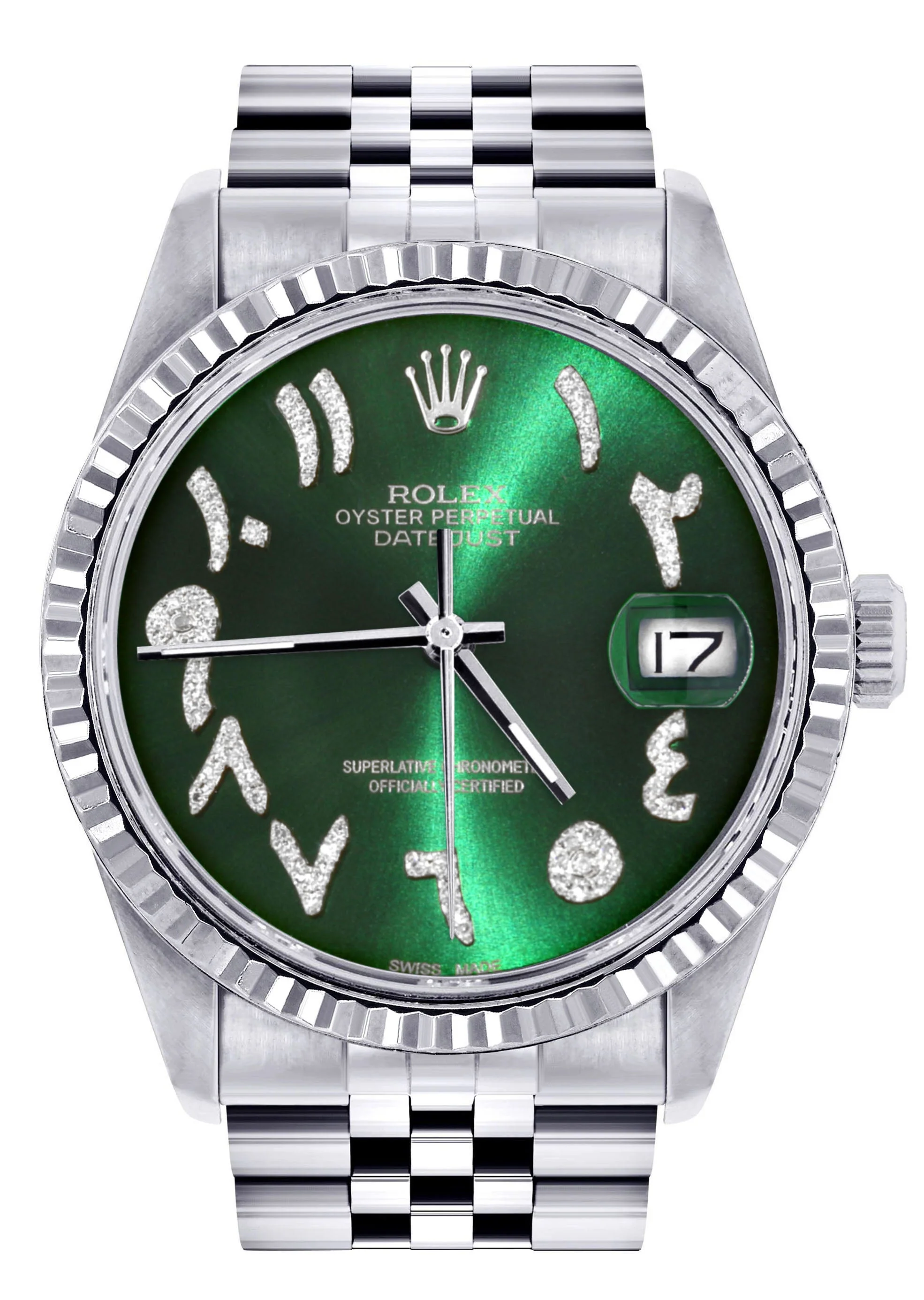 Womens Rolex Datejust Watch 16200 | Fluted Bezel | 36Mm | Green Arabic Dial | Fluted Bezel | Jubilee Band