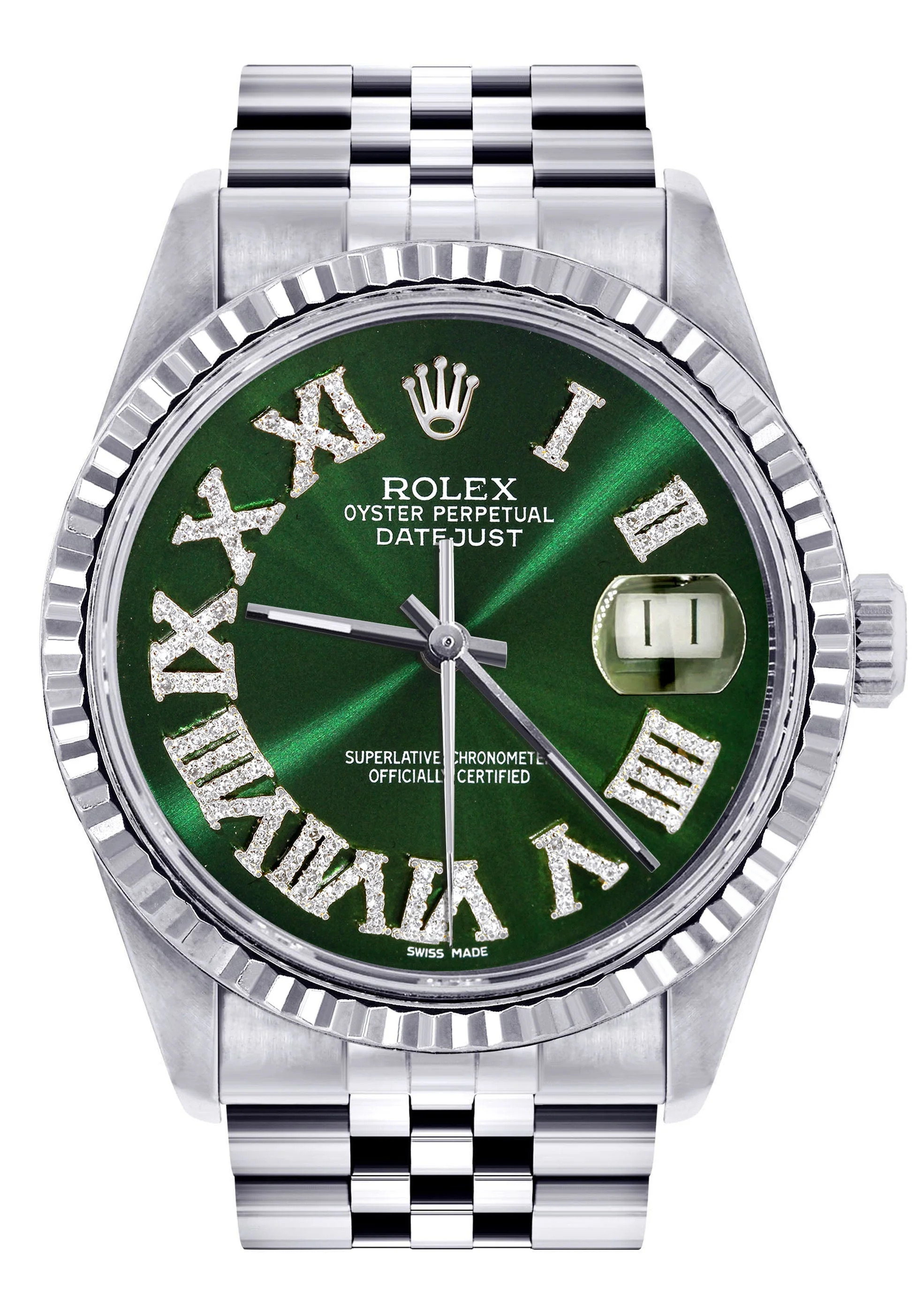 Womens Rolex Datejust Watch 16200 | Fluted Bezel | 36Mm | Green Roman Numeral Dial | Fluted Bezel | Jubilee Band