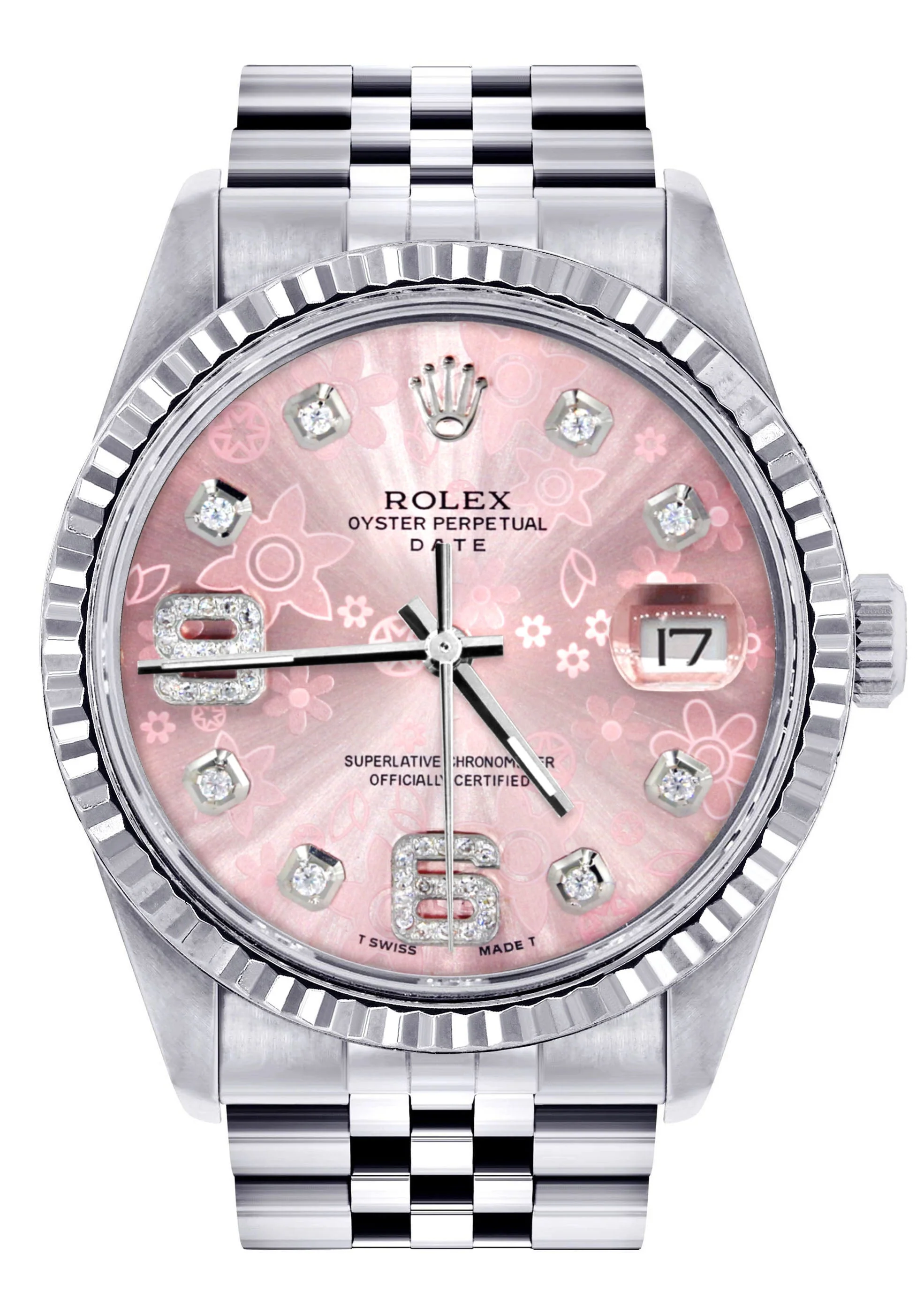 Womens Rolex Datejust Watch 16200 | Fluted Bezel | 36Mm | Pink Flower Dial | Fluted Bezel | Jubilee Band