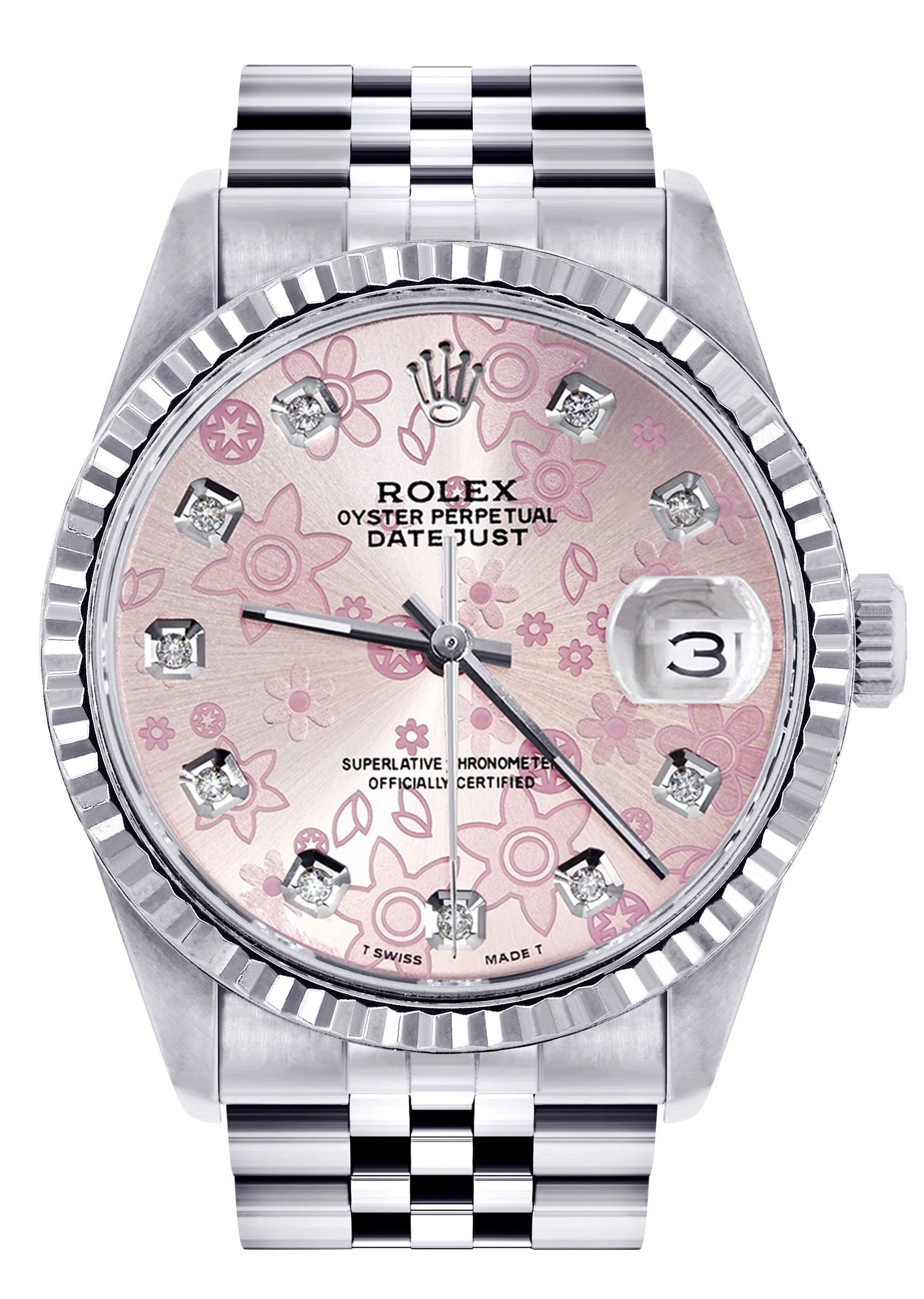 Womens Rolex Datejust Watch 16200  | 36Mm | Pink Flower Dial | Fluted Bezel | Jubilee Band