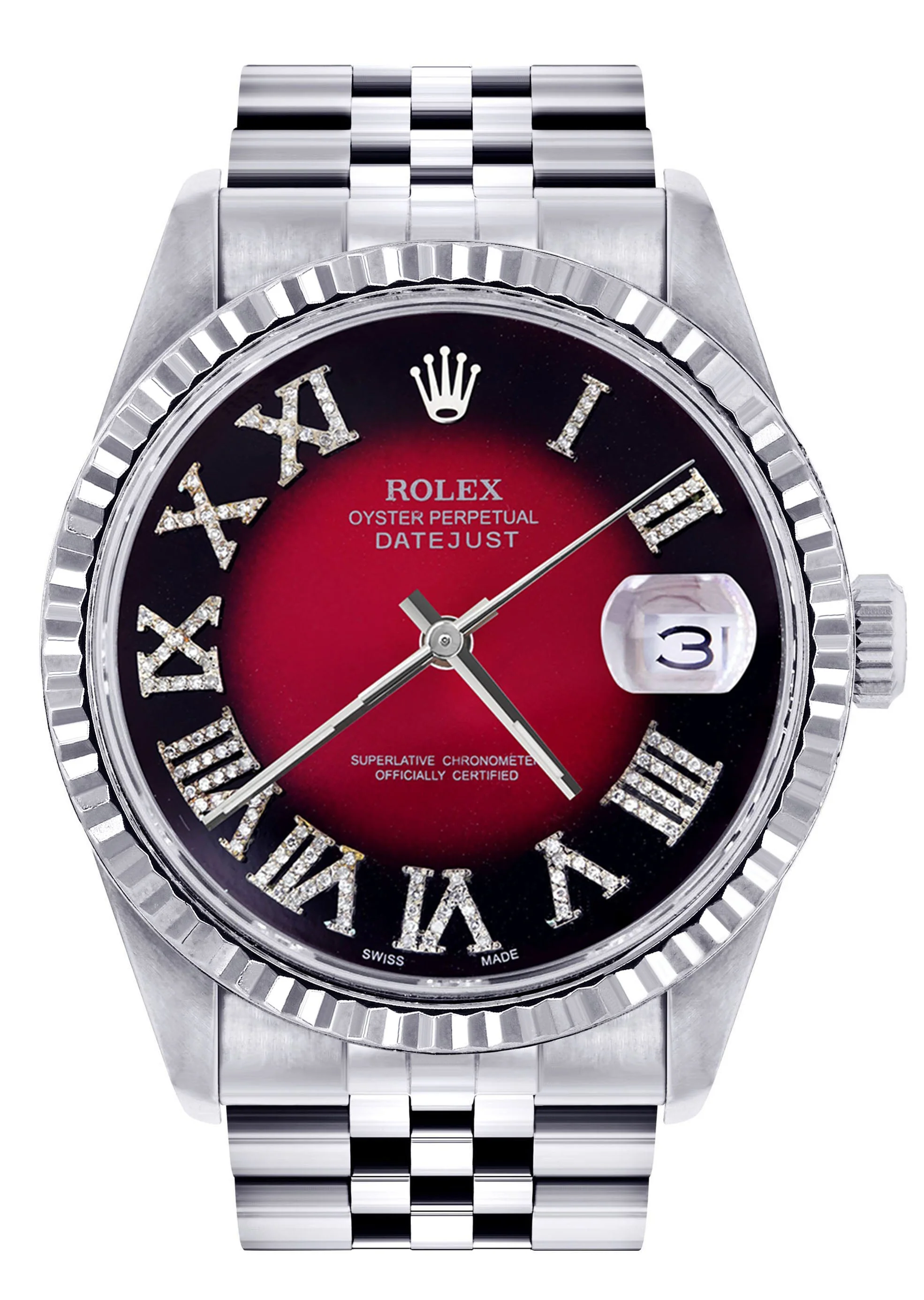 Womens Rolex Datejust Watch 16200  | 36Mm | Red Black Roman Numeral Dial | Fluted Bezel | Jubilee Band