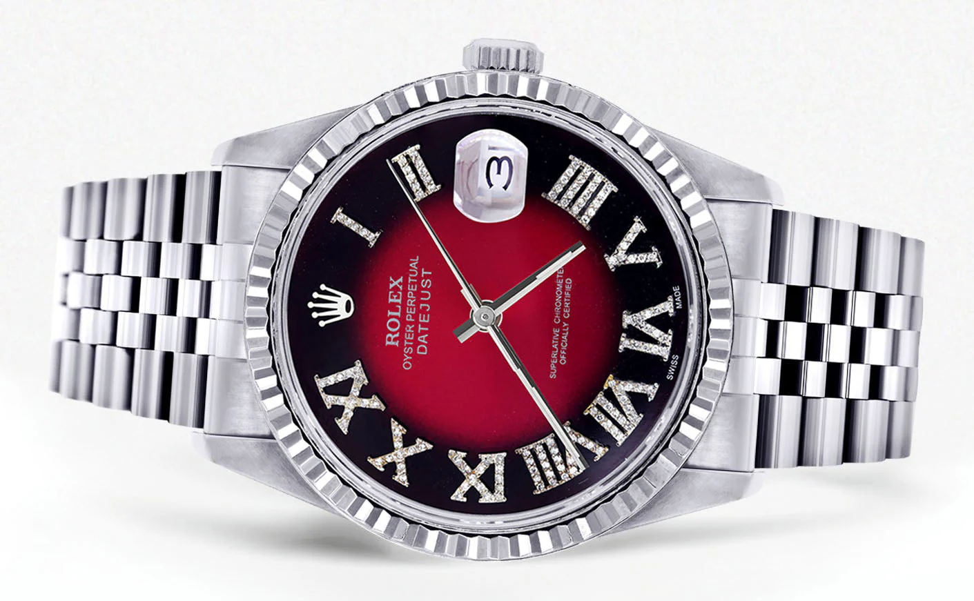 Womens Rolex Datejust Watch 16200  | 36Mm | Red Black Roman Numeral Dial | Fluted Bezel | Jubilee Band - Image 2