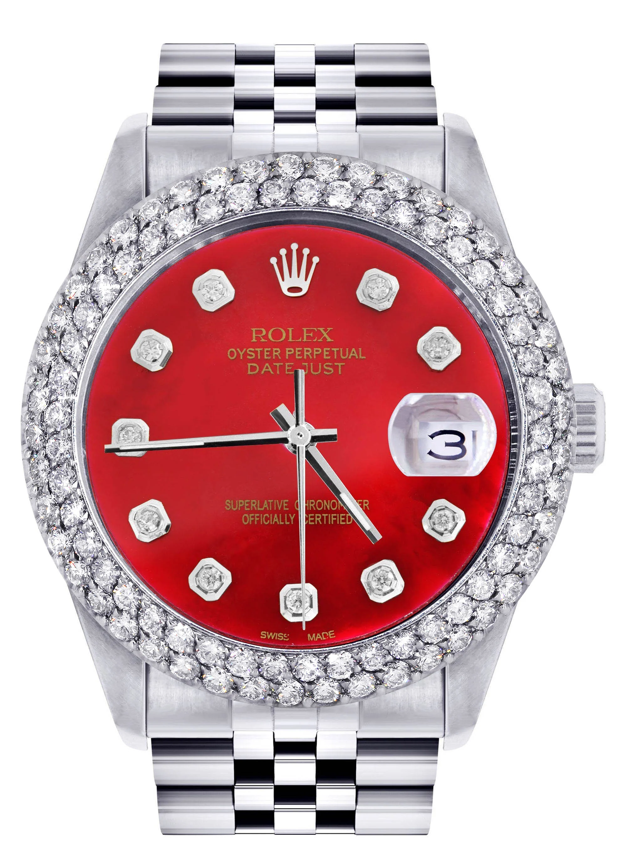 Womens Rolex Datejust Watch 16200 | 36Mm | Red Dial | Two Row 4.25 Carat Bezel | Jubilee Band