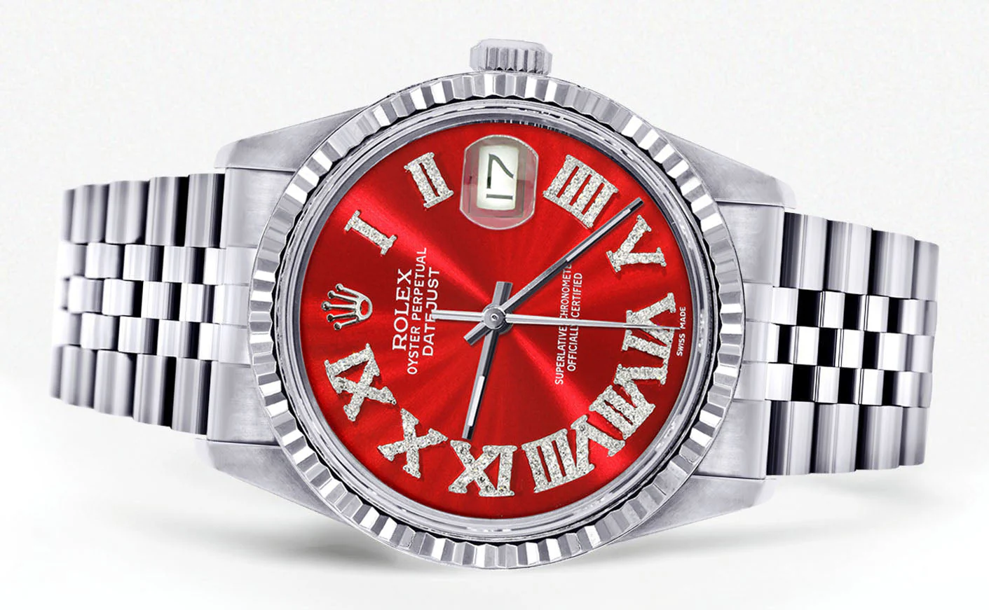 Womens Rolex Datejust Watch 16200  | 36Mm | Red Roman Numeral Dial | Fluted Bezel | Jubilee Band - Image 2