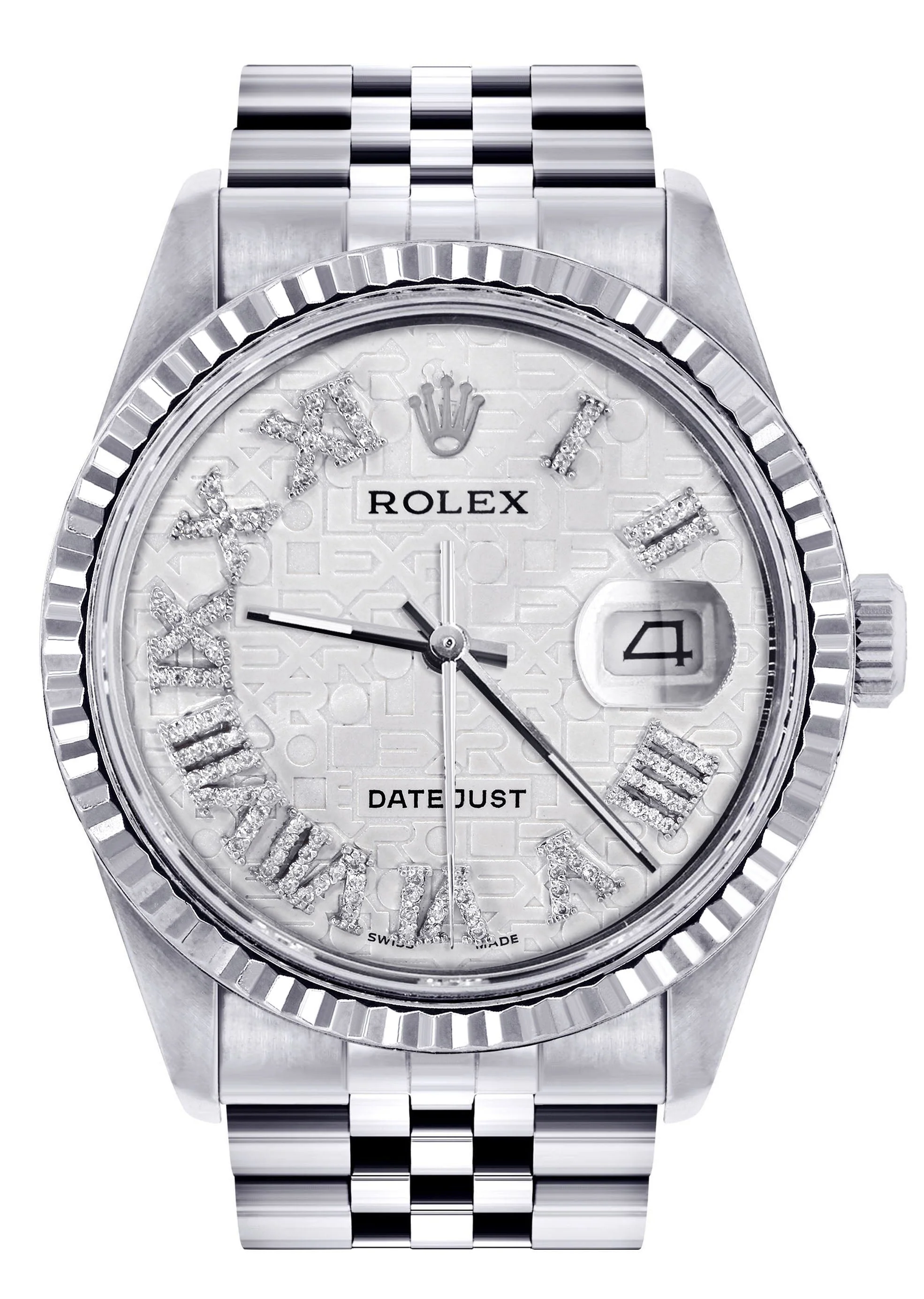 Womens Rolex Datejust Watch 16200  | 36Mm | White Textured Roman Numeral Dial | Fluted Bezel | Jubilee Band