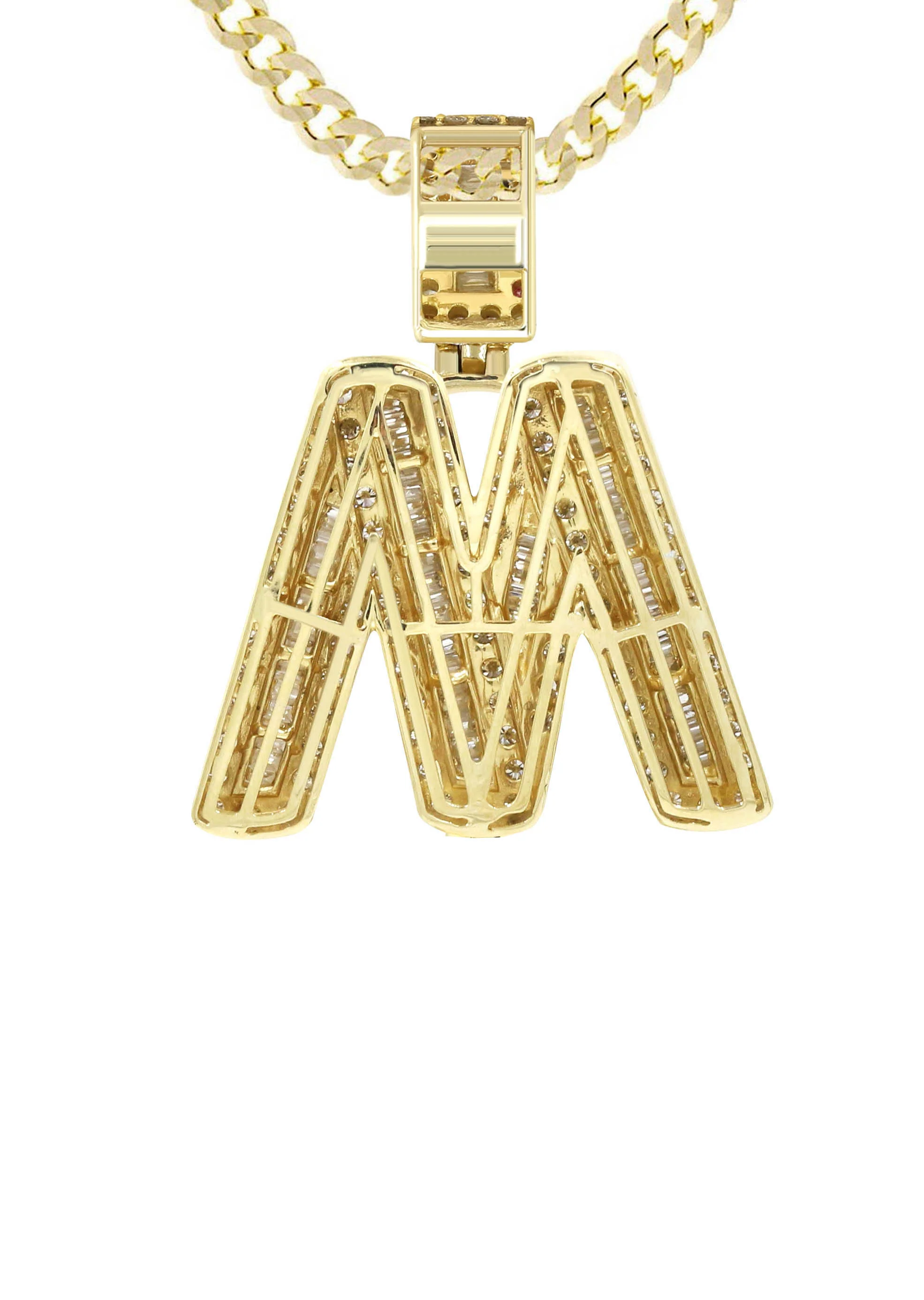 Yellow Gold Letter "M" Baguette Diamond Necklace | 3.3 Carats - Image 3